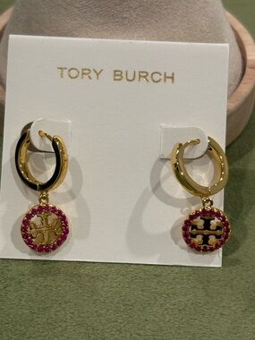 Tory Burch Gold Hoop Earrings with Pink Crystal Logo Drops